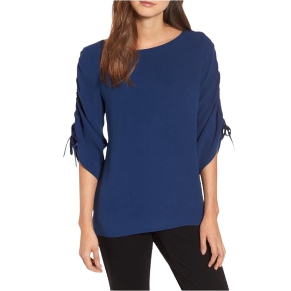 EILEEN FISHER SILK MINIMALIST NAVY BLUE RUCHED SLEEVE BOATNECK BLOUSE TOP XXS